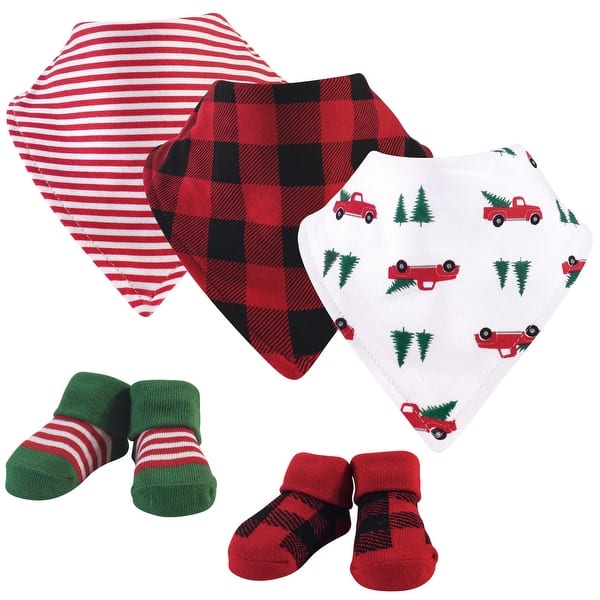 slide 1 of 1, Hudson Baby Infant Boy Cotton Bib and Sock Set 5pk, Christmas Tree, One Size - Christmas Tree - One Size One Size - Christmas Tree