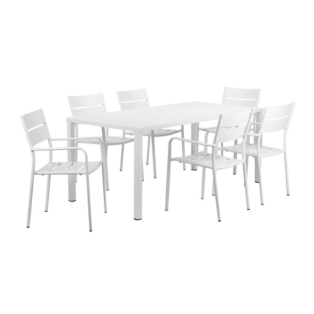 Meta 7 Piece Outdoor Dining Table, Chairs Set, White, Plank Seat and Backs