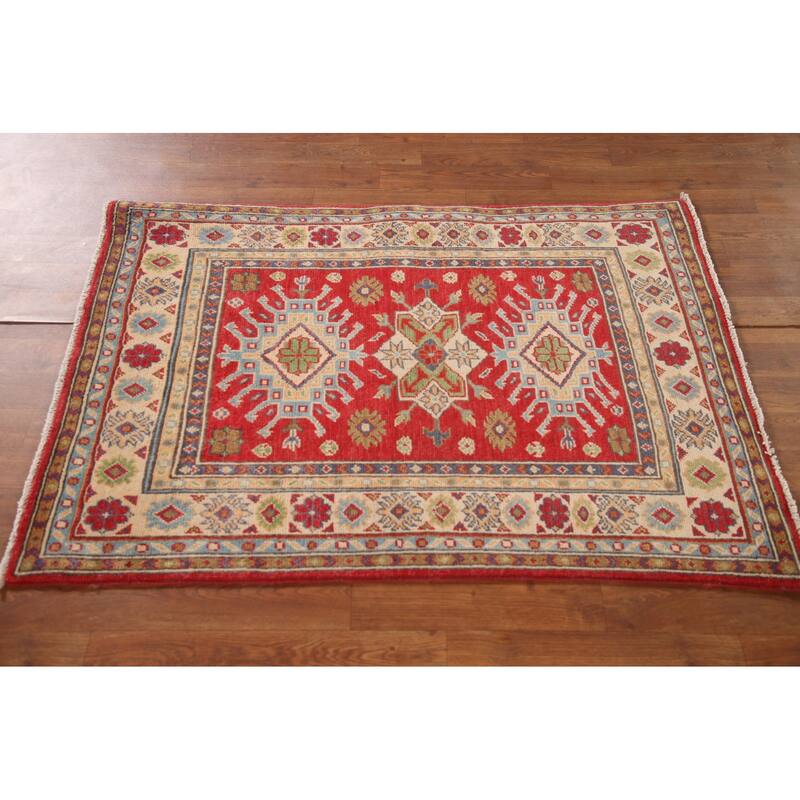 Red Geometric Kazak Accent Rug Handmade Oriental Wool Carpet - 2'11"x 4'3"