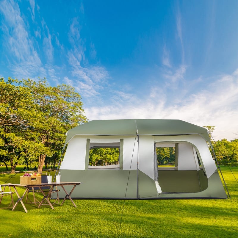 8 Person Beige Green Family Camping Tent - 8 Person