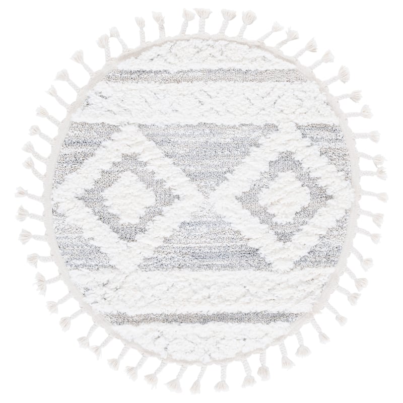 SAFAVIEH Moroccan Tassel Shag Marybelle 2-inch Thick Rug - 3' Round - Ivory/Beige