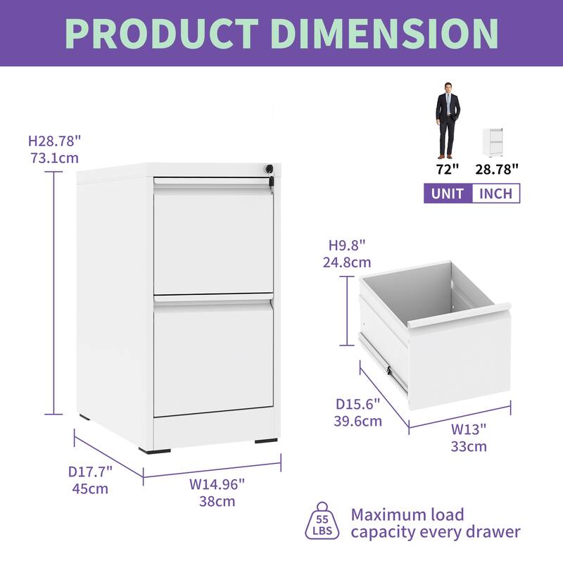 2 Drawer Metal Vertical File Cabinet with Lock - White