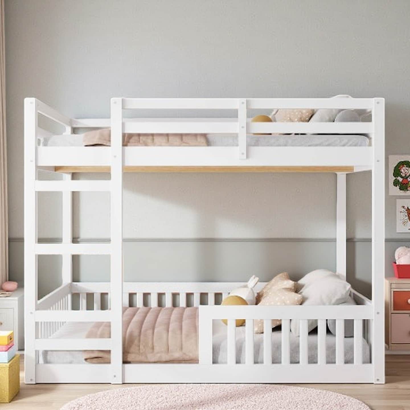 Space-Saving Full Over Full Wooden Bunk Bed with Ladder, Guardrails, and Sturdy Pine Frame