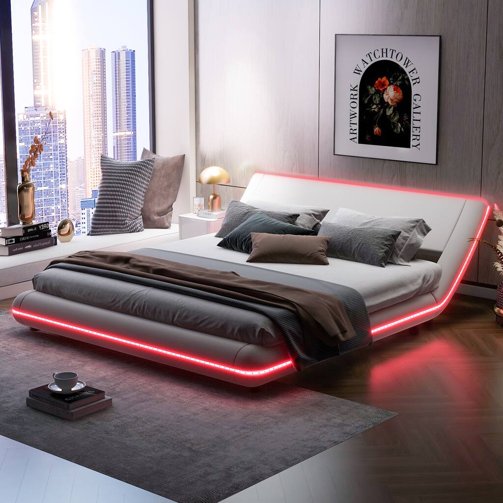 Queen Size Upholstered Platform Bed Frame with Sloped Headboard and LED Light Strips