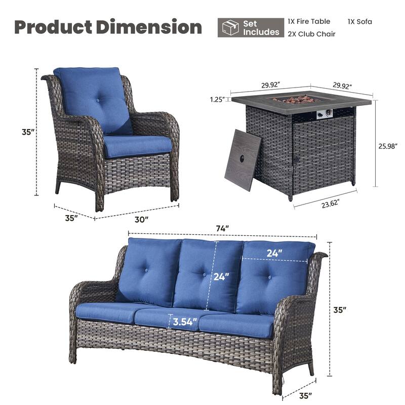 Gymojoy 4-Piece Outdoor Wicker Patio Furniture with Fire Pit Table, Rattan Coversation Set with Water Resistant Thick Cushions