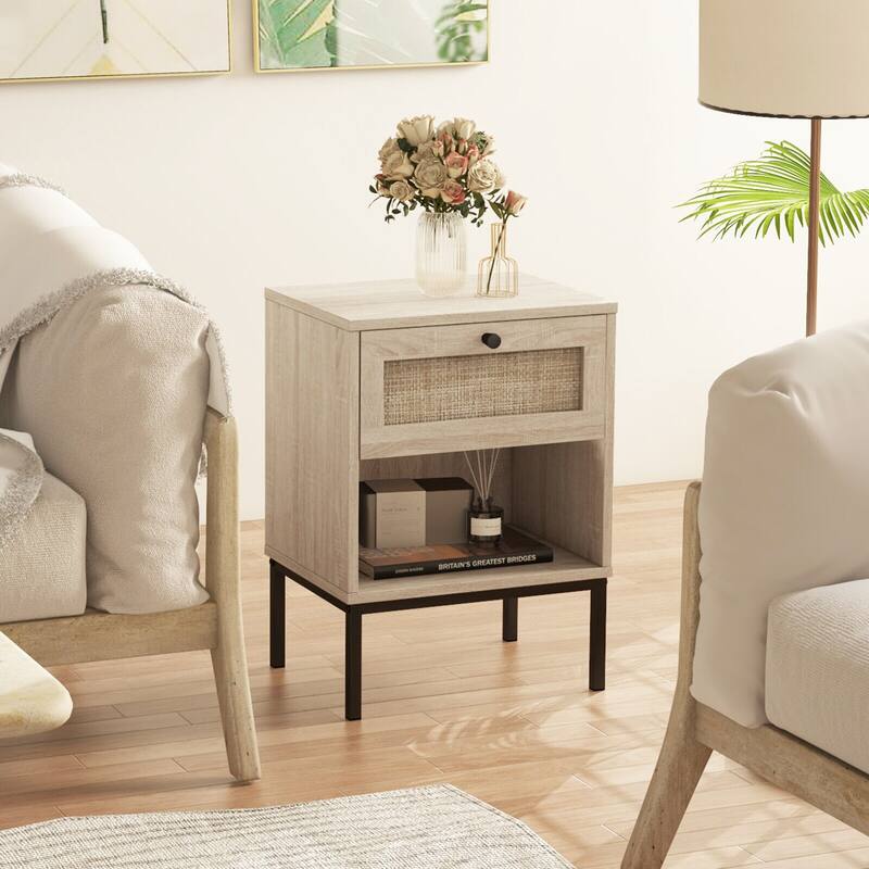Gymax 2PCS Rattan Nightstand Boho End Table w/ Drawer & Open Shelf for