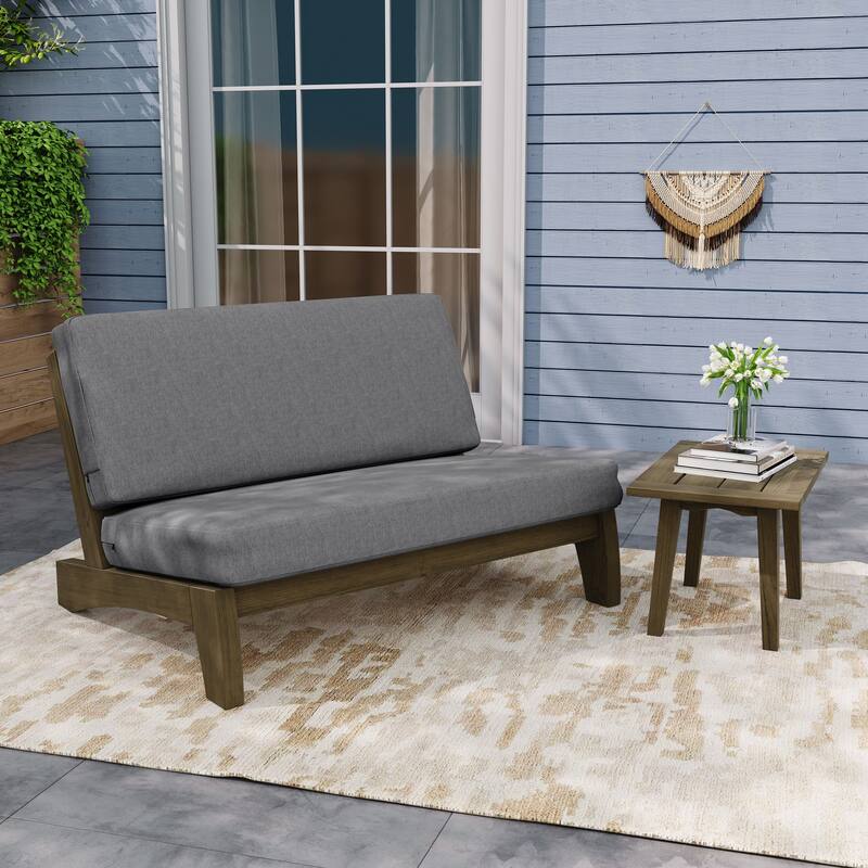 Outdoor Sectional Furniture Teak Conversation Set with Side Table - Brown Wood - Grey/Loveseat Whole