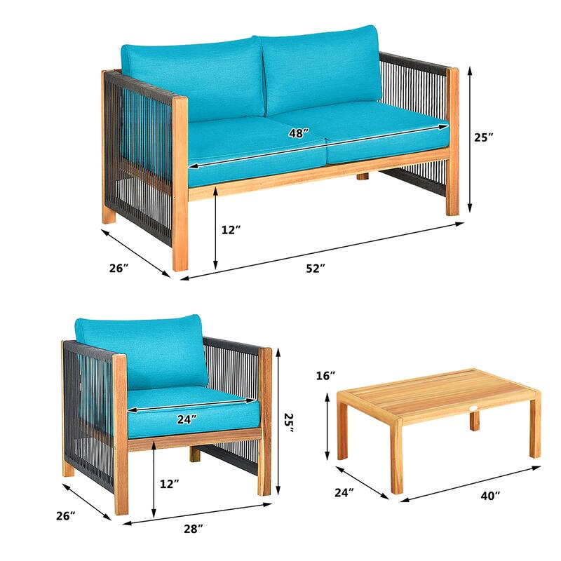 Costway 8PCS Wooden Patio Furniture Set Cushioned Sofa W/Rope Armrest