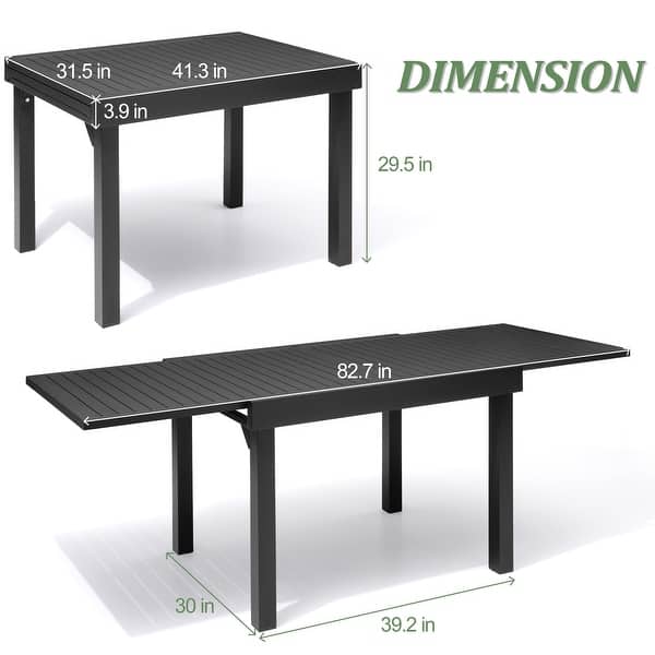 dimension image slide 3 of 4, 5/7/11PC Outdoor Aluminum Expandable Rectangle Patio Dining Table with Folding Chairs