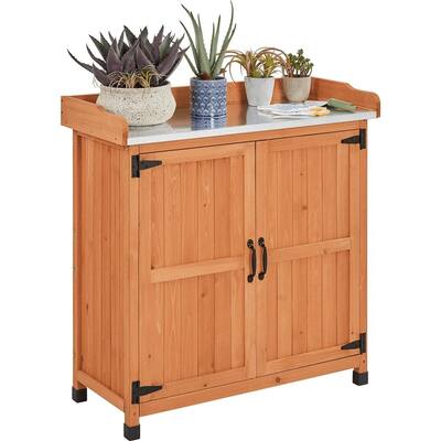 Wooden Garden Potting Bench Table with Cabinet Brown for Outdoor