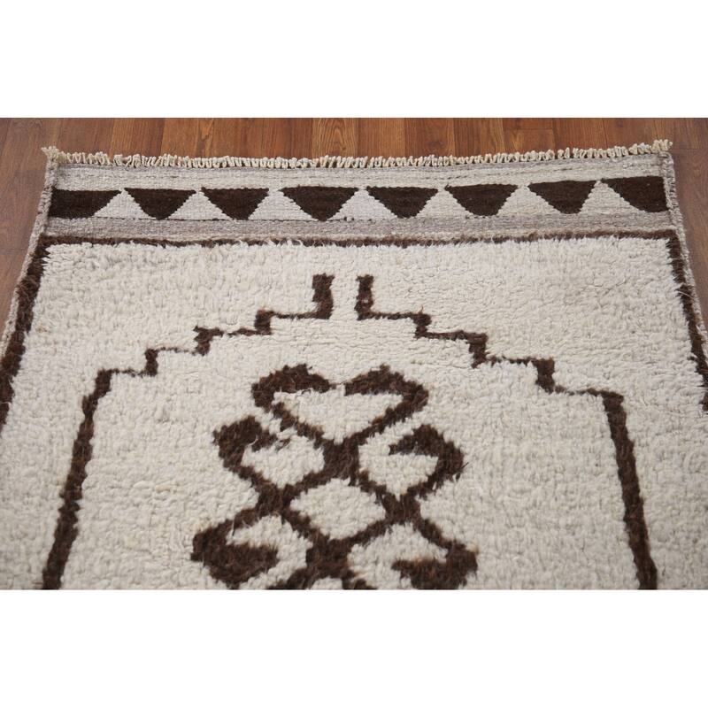 Natural Dye Beige Anatolian Runner Rug Hand-knotted Wool Carpet - 3'4"x 11'8"