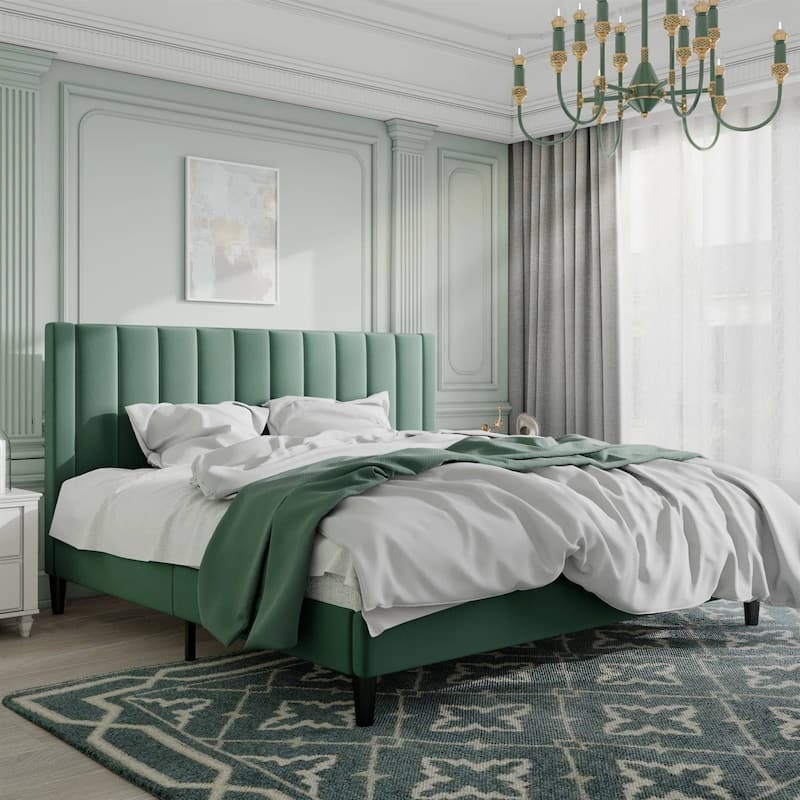 Modern Green Velvet Upholstered Platform Bed with Headboard