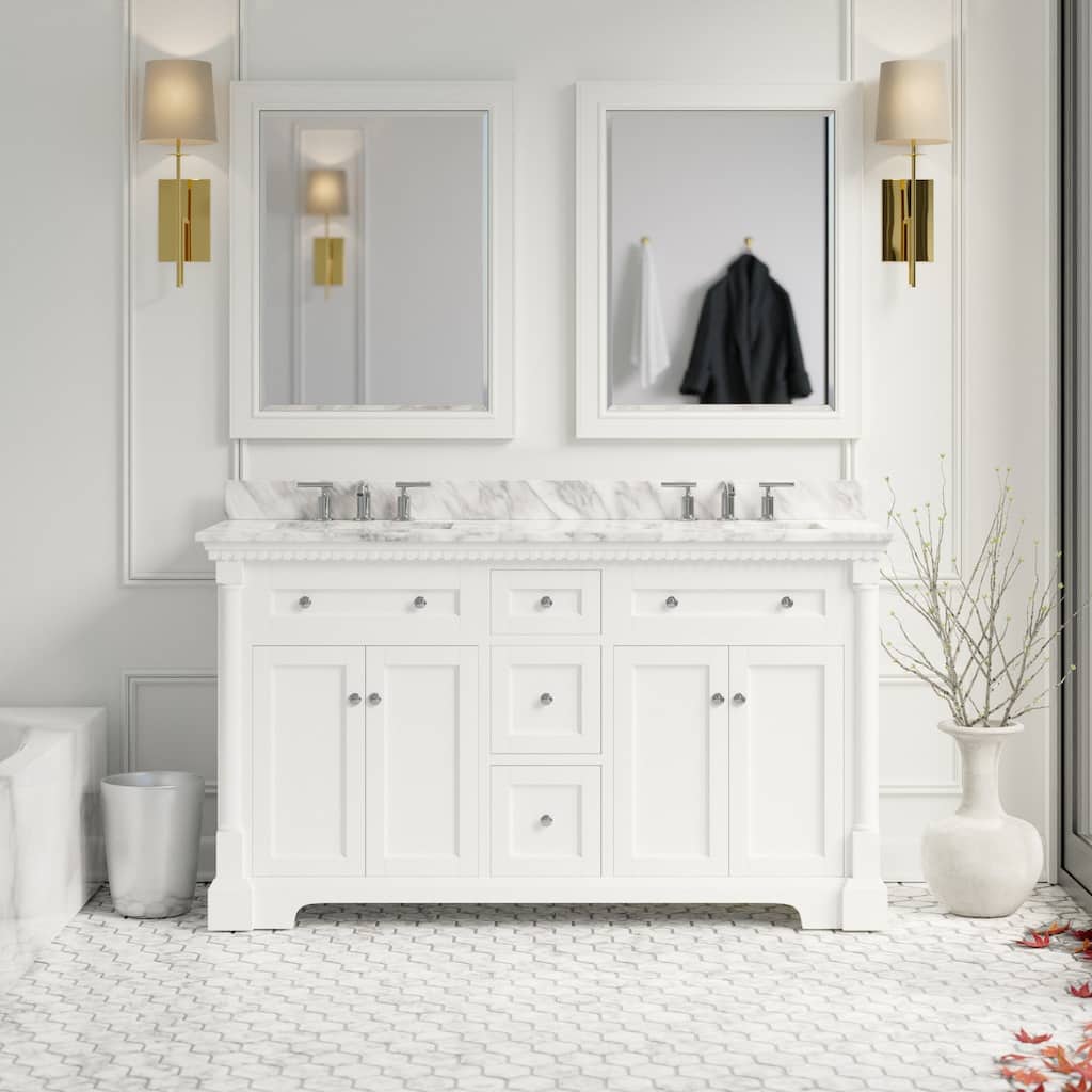 KitchenBathCollection Sydney 60" Double Bathroom Vanity with Carrara Marble Top