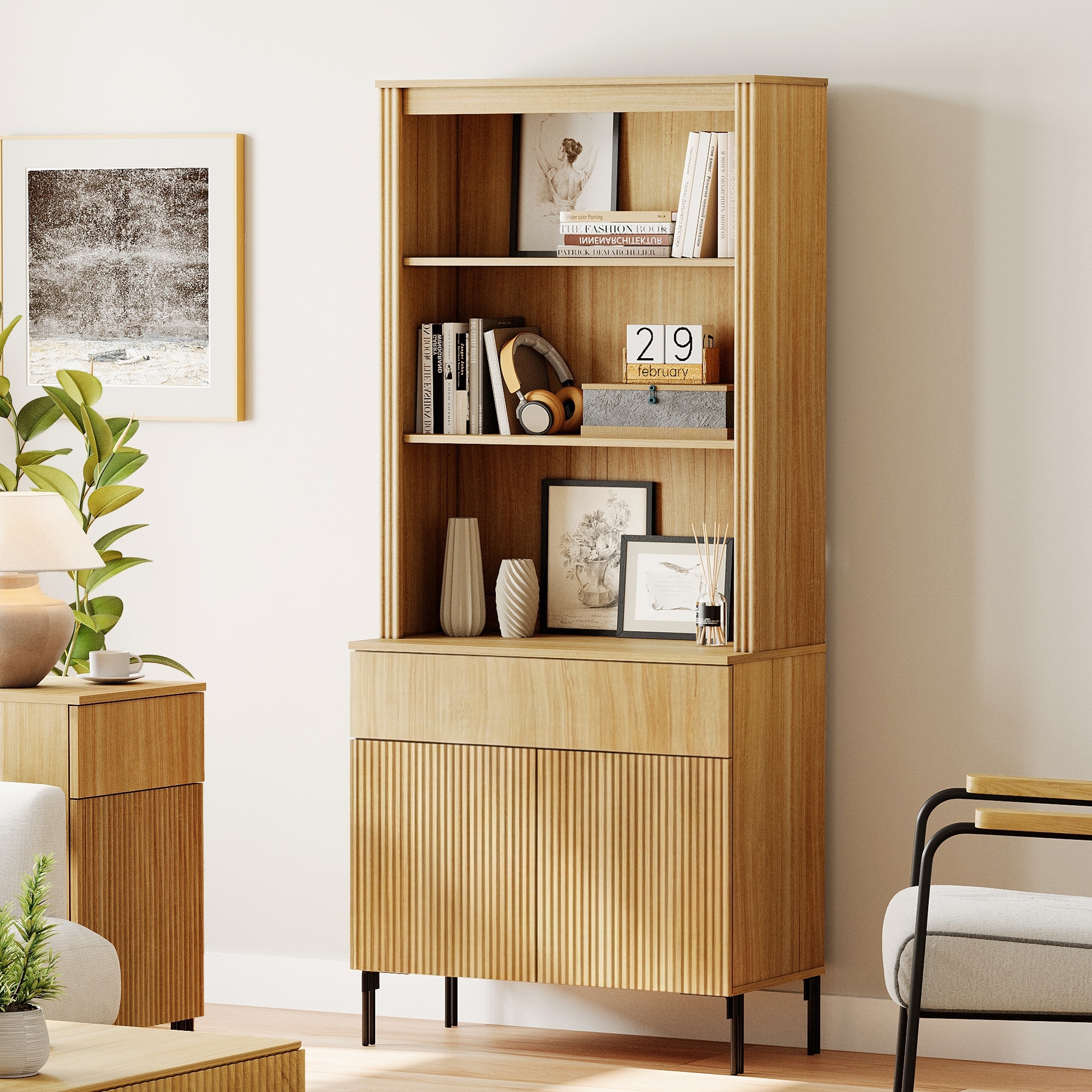 71.6" Tall Modern 5 Tier Bookcase with Storage Cabinet, Wooden Display Cabinet with Fluted Doors and Drawers