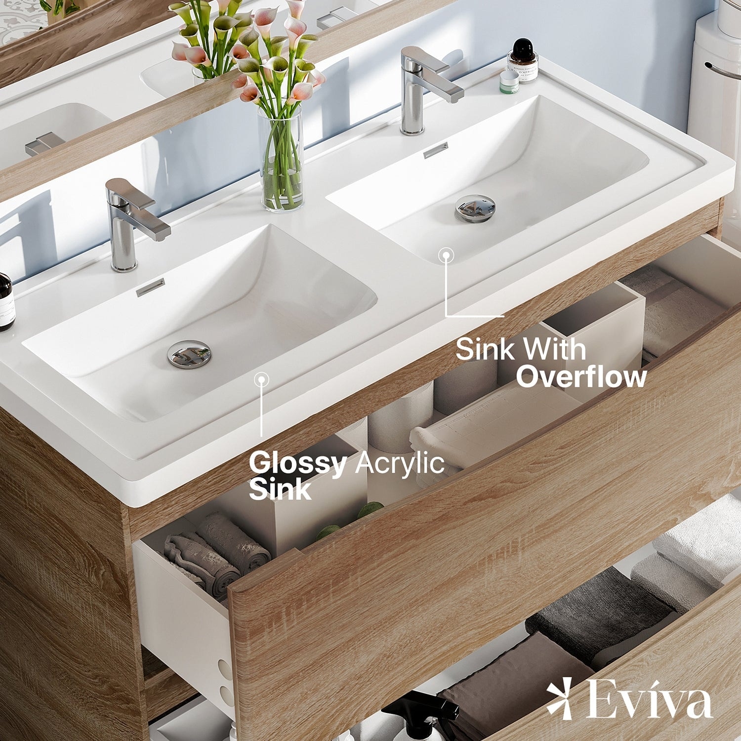 Eviva Smiley 24 in. W x 17 in. D x 34 in. H Freestanding Bath Vanity in White Oak with White Acrylic Top