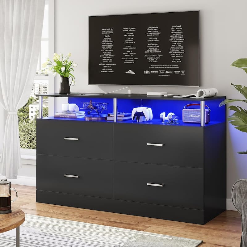 Dresser Bedroom Drawers Dressers Chests of Drawers Charging Station - Black - 4-drawer