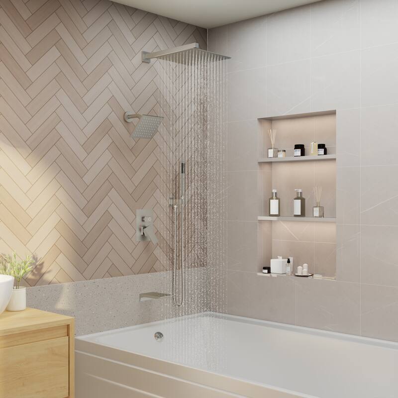 4-Spray Wall Mount 12 and 6 in. Dual Fixed and Handheld Shower Head with Waterfall Tub Spout (Valve Included) - 12" x 12"