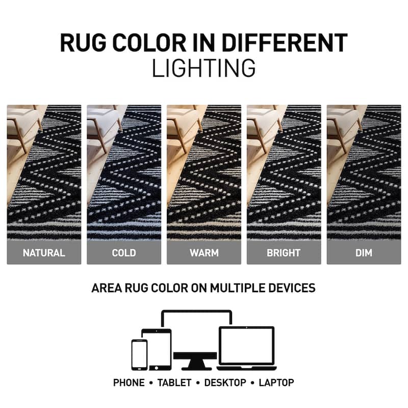 Geometric Shag Area Rug - Durable for Living Room, Bedroom - Polyester with Jute Backing - Anthracite Dark Gray and White