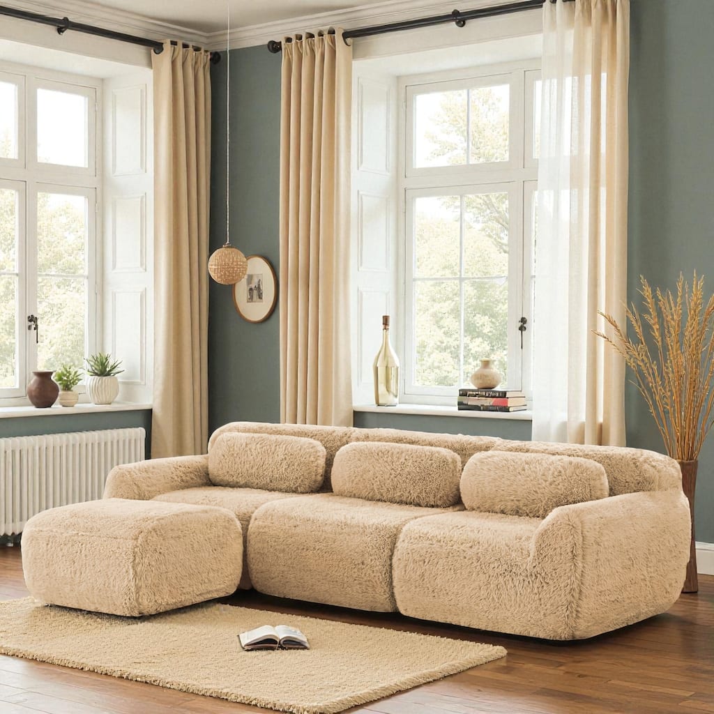 L-Shaped Plush Modular Sofa with Movable Ottoman, Boneless Design, Anti-Slip Base & 32D High-Density Sponge Seating