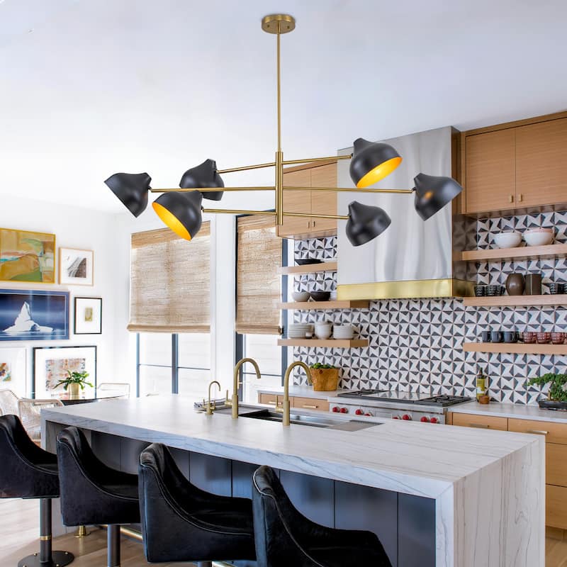 6-Light Mid-Century Matte Black & Gold Linear Chandelier Iron Shades - W 55.12-in