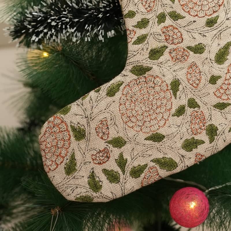 Fabdivine Hand Block Floral Print Christmas Knit Stockings, Home Decorative Gift Use - 16"X6.5" - Karwa Chauth- Brown, Green - Christmas Stockings