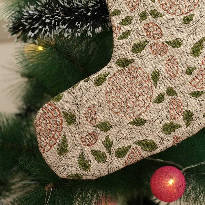 Fabdivine Handmade Linen Floral Block Print Christmas Stocking Home Décor Perfect for Gift - 10"X4.5" - Karwa Chauth- Brown, Green