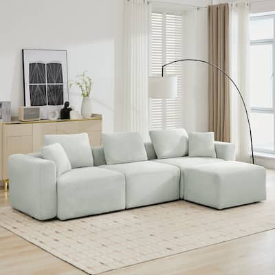 L-shaped Corduroy Sectional Sofa with a Large Ottoman, Square Armas & Ottoman Extension