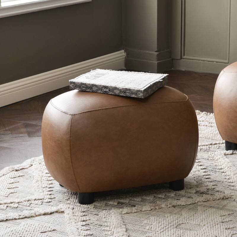 KINWELL 23" Wide Faux Leather Upholstered Ottoman Footrest, PU Entryway Footstool - Camel - Set of 1