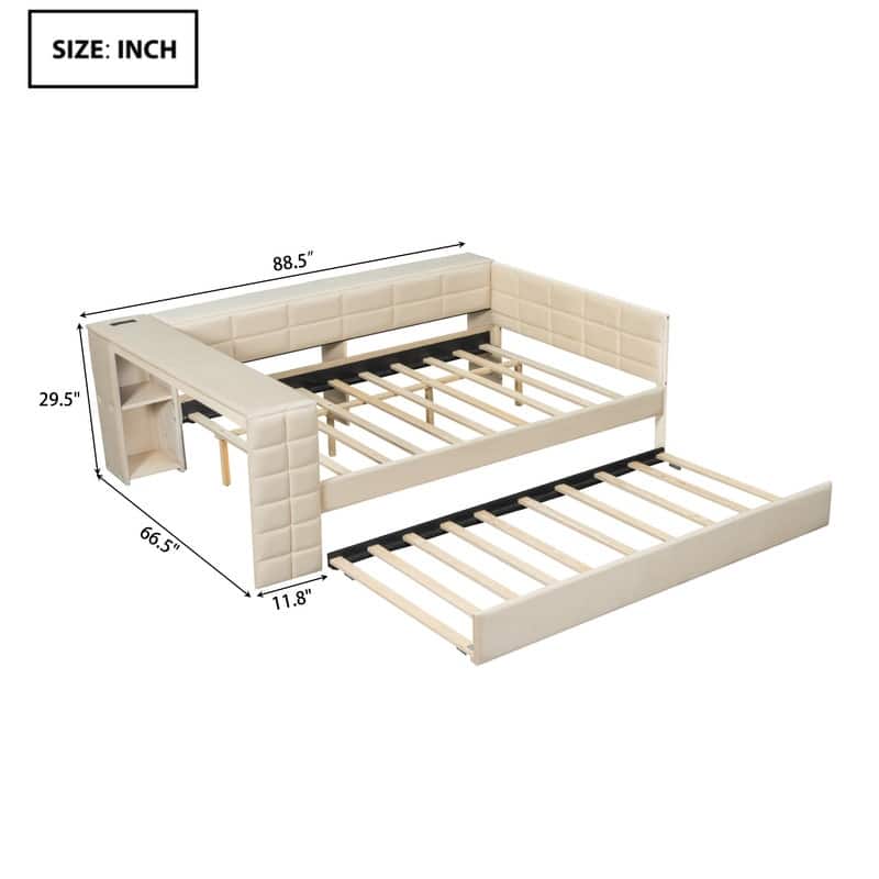 Full Size Upholstered Platform Bed with Storage Shelves, Desk, Charging Station and Trundle