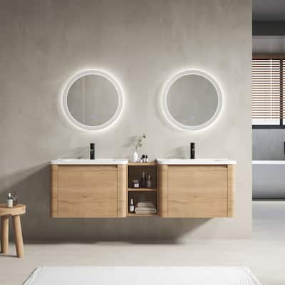Wall-Mounted Bathroom Vanity with Ceramic Sink and Storage Shelves