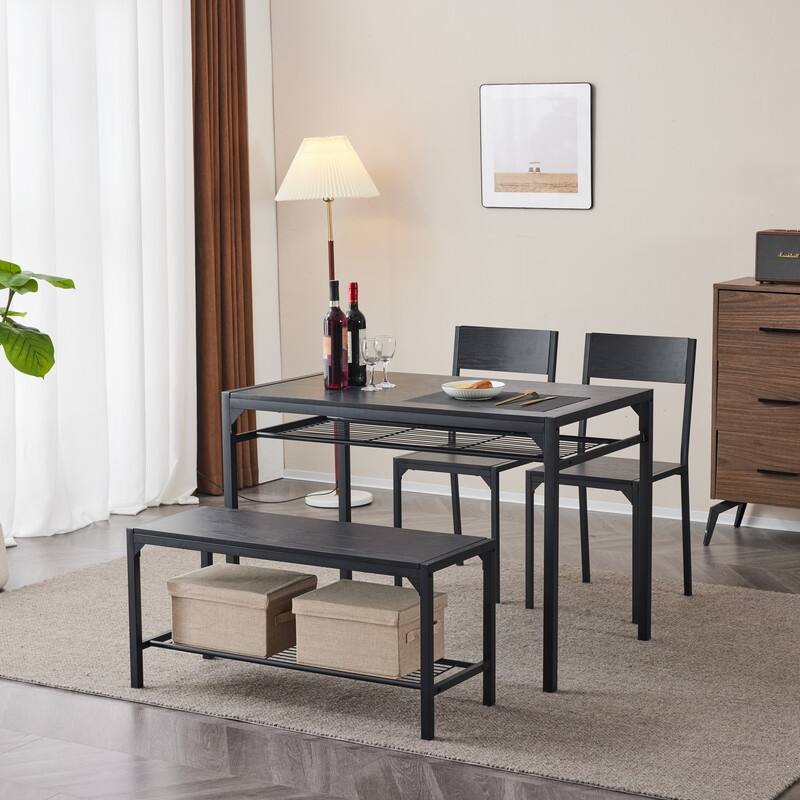 Mid-Century Modern 4 Piece Dining Set,Rectangular Table, Bench, 2 Chairs, Steel Frame