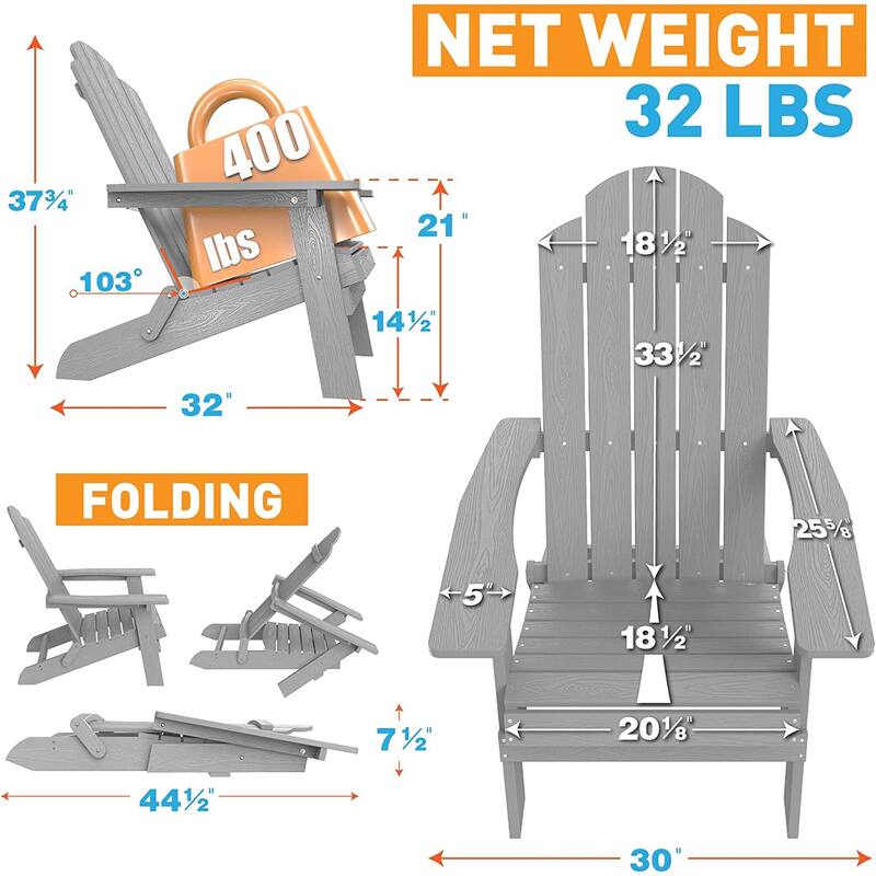 WINSOON All Weather HIPS Outdoor Folding Adirondack Chairs Outdoor Chairs Set of 4