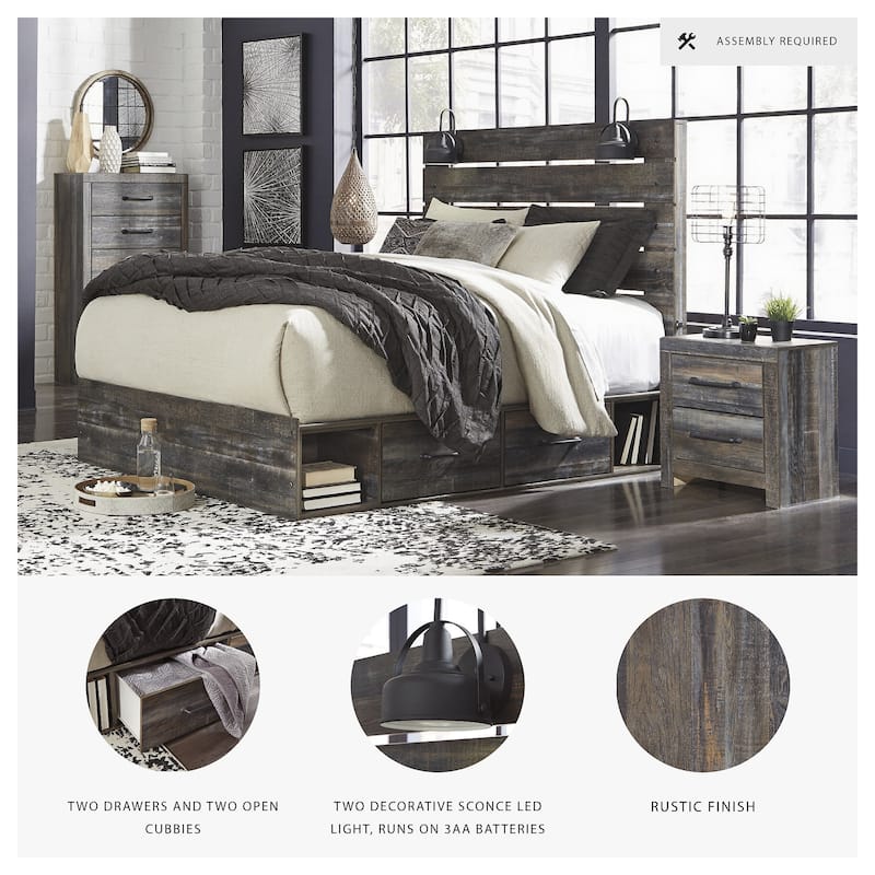 Drystan Rustic Brown Panel Bed with 2 Under Bed Storage Drawers