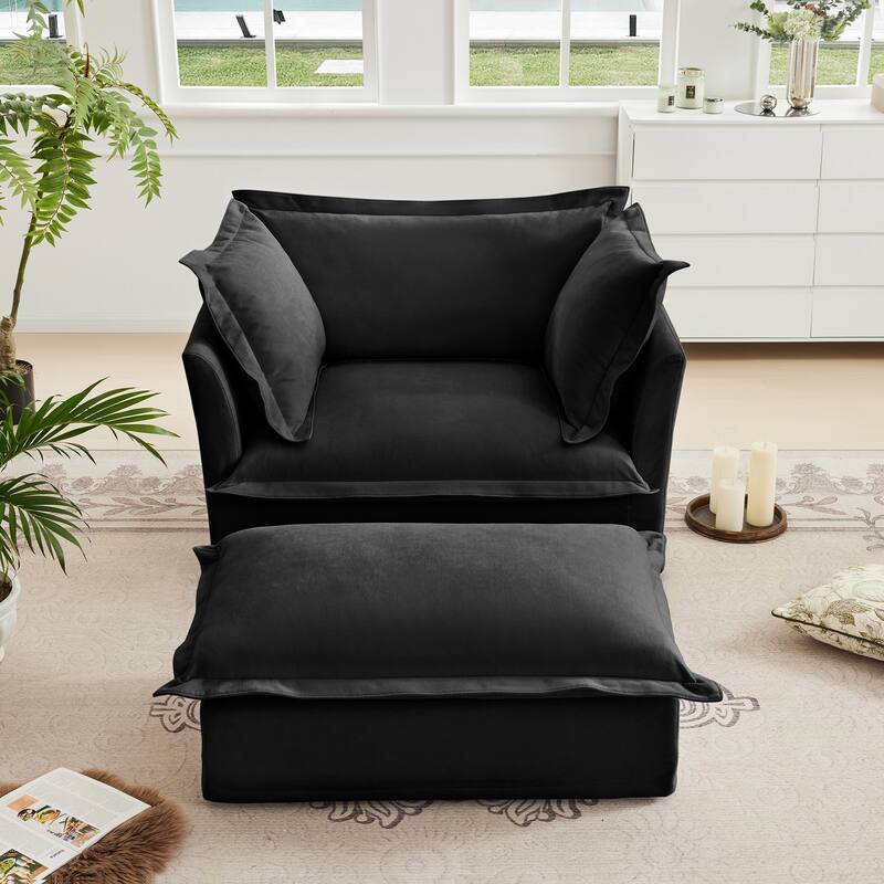 Upholstered Slipcovered Armchair with Ottoman, Deep Seat Armchair W/ Wide Ottoman for Living Room - Black