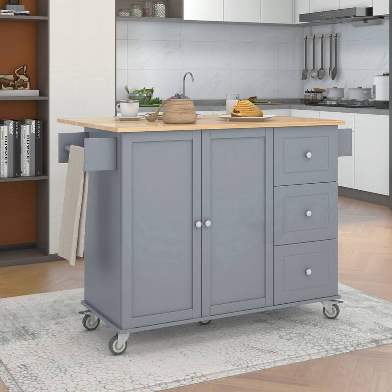 Rolling Mobile Kitchen Island with Drop Leaf - Solid Wood Top
