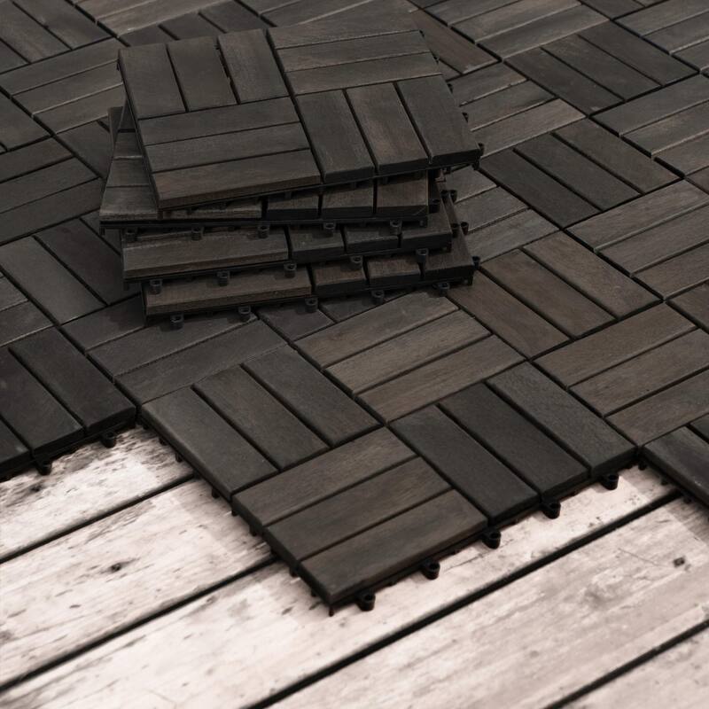 30 PCS Interlocking Deck Tiles Checker Pattern, 12" x 12" Square Acacia Hardwood Outdoor Flooring for Patio,Bancony,Pool Side