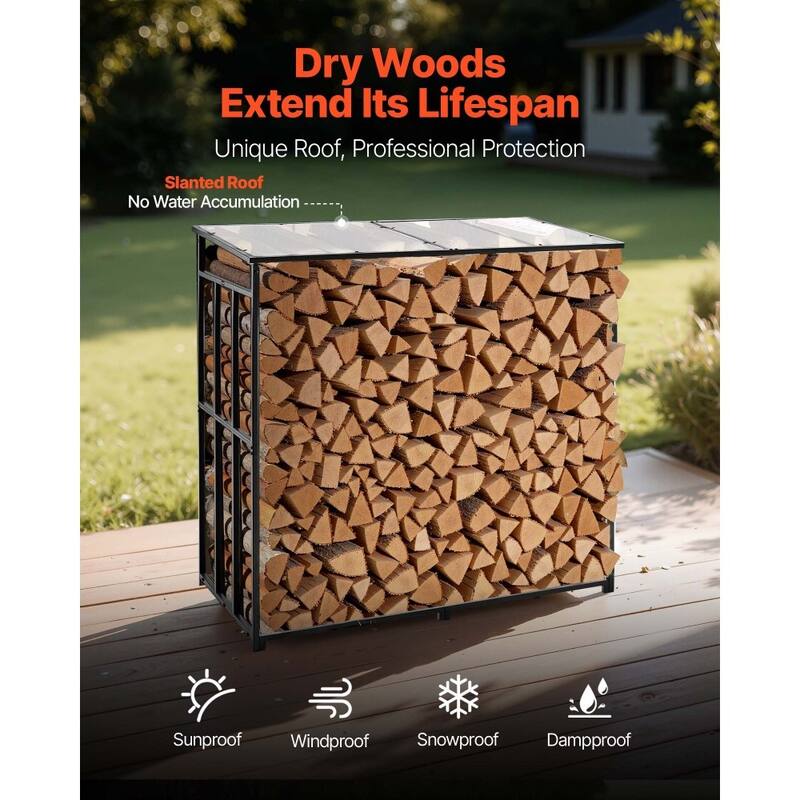 4 Feet Galvanized Steel Firewood Rack with Clear Panel and Adjustable Feet Weatherproof Outdoor Use - 56.30 × 2.76 × 56.30 in