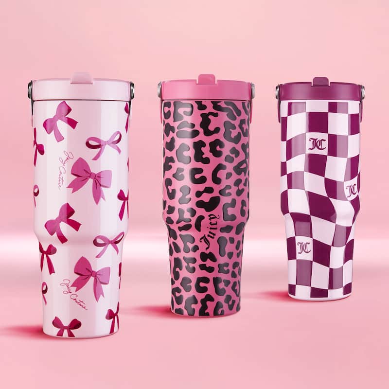 Juicy Couture Flip & Sip Hydration Stainless Steel Screw Top Tumbler with Flip Straw and Carry Handle