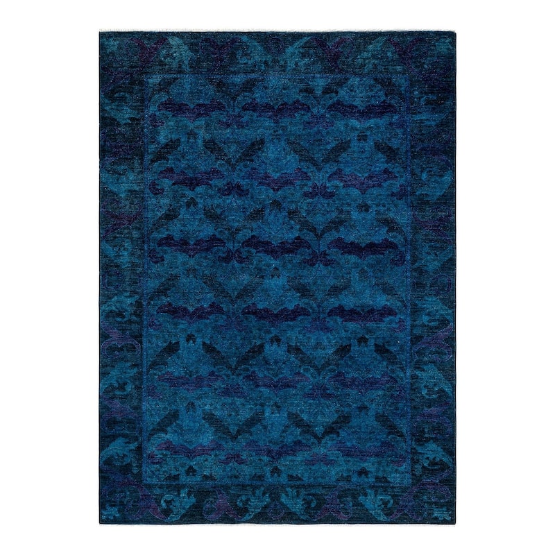 Overton Hand Knotted Wool Vintage Inspired Modern Contemporary Overdyed Blue Area Rug - 6' 1" x 8' 7"