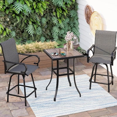 3/5-Piece Patio Bar Stool Set Wood-look Table & Grey Textilene Sling Fabric Swivel Bar Stools