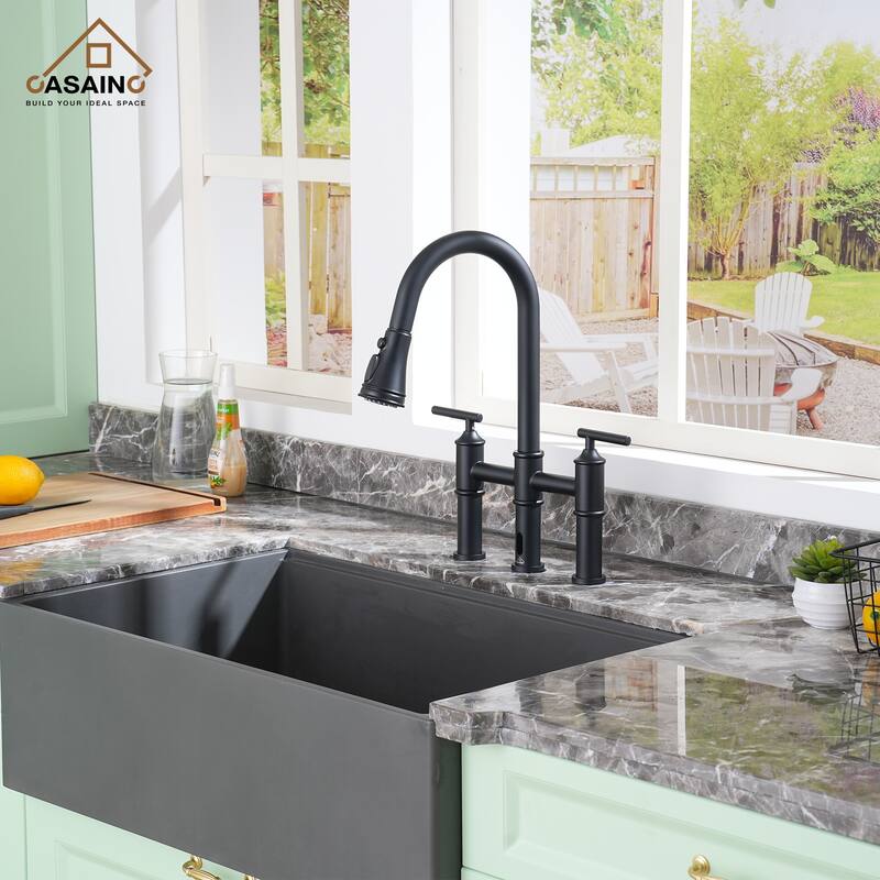 Double Handle Pull-Out Sprayer Bridge Kitchen Faucet