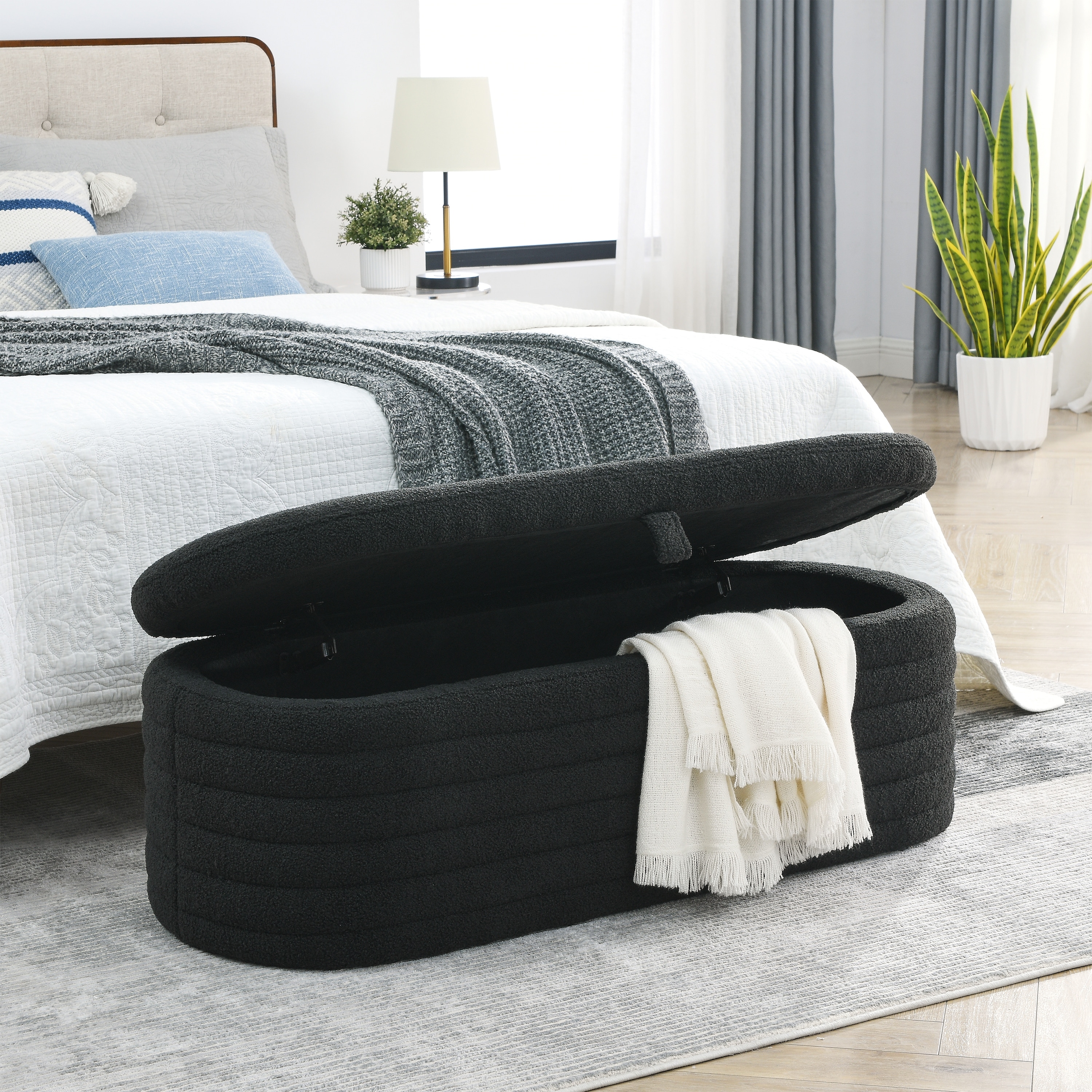 Large Storage Ottoman Bench Upholstered Teddy Fabric Storage Bench End of Bed Stool with Safety Hinge for Bedroom Entryway