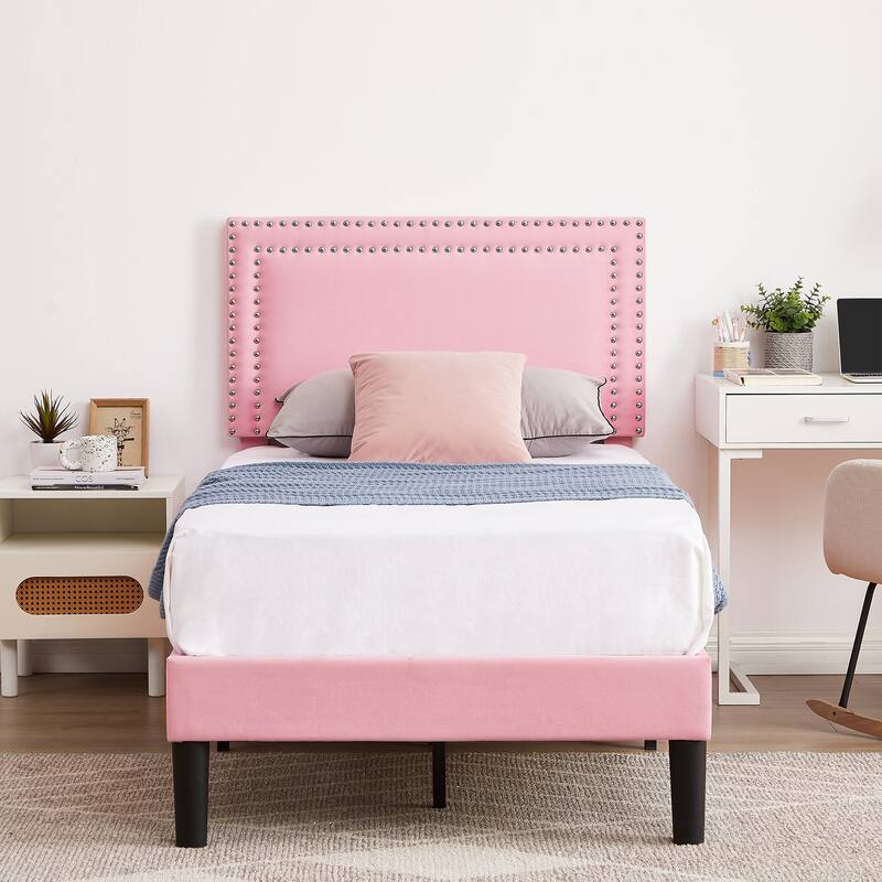 Bed Frame with Adjustable Height Headboard, Twin/Full/Queen Size Beds, Pink - Pink - Twin