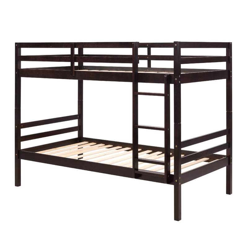Twin over Twin Wooden Bunk Bed,High Guardrail,Ladder,Kids Teens,Dorm
