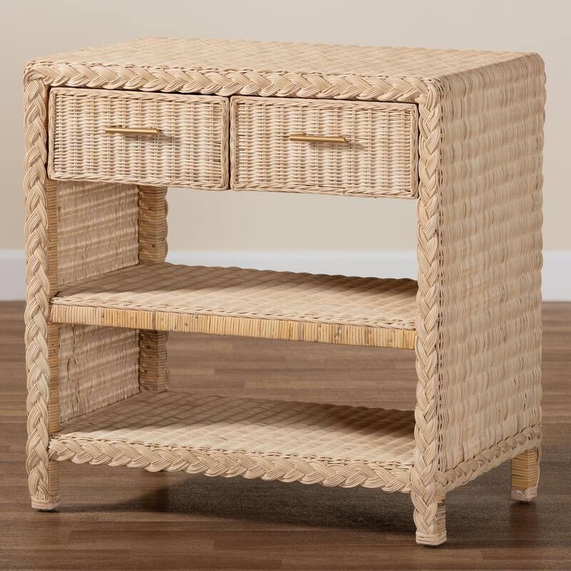 Lanica Braided Natural Rattan Console Table with Drawers and Shelves – Coastal Style Cabinet for Entryway or Living Room
