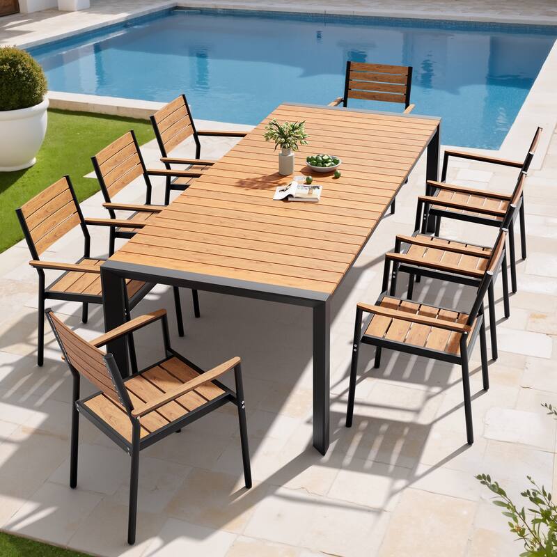 Set of 9 Outdoor Patio Dining Set WoodLike Table Top Aluminum Umbrella Hole Table with Stackable Dining Chairs - Brown