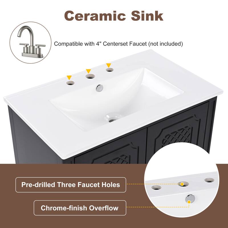 Roomfitters 30" Vintage Style Bathroom Vanity with Ceramic Sink, Customizable Storage Drawer and Soft-Close Door