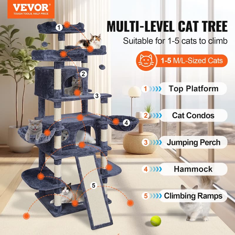 Cat Tree for Indoor Cats, 68.5" Cat Tower with 2 Cat Condos, Sisal Scratching Post, Hammocks, Top Perches