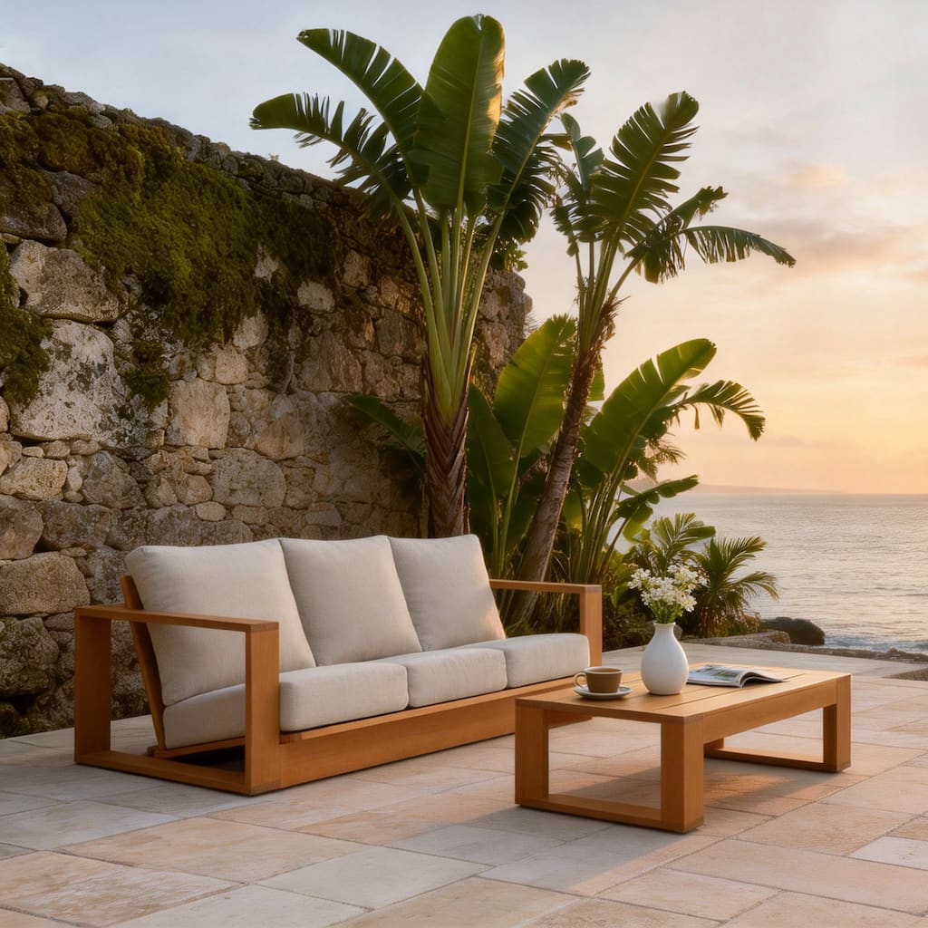 Outdoor Conversation Set 2-Piece Eucalyptus Wood 3-Seater Sofa Weather‑resistant Rope Weave with Coffee Table