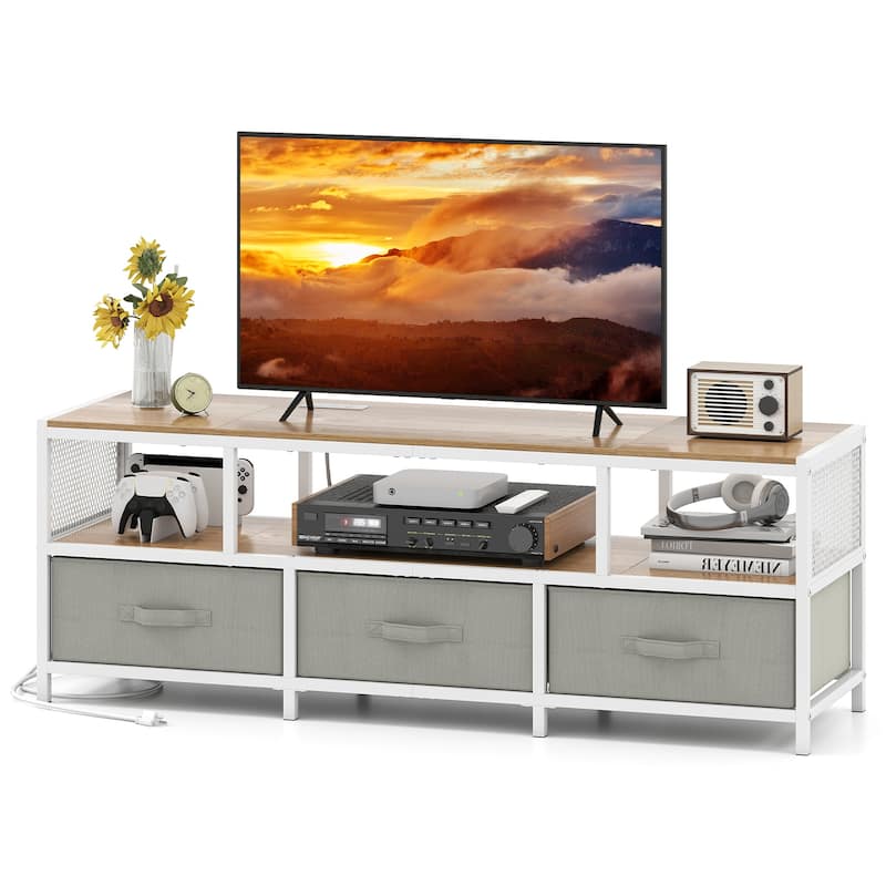 55" Entertainment Unit with Power Outlets Storage Drawers and Wood Grain Finish for Bedroom or Living Room - 55" x 16" x 19.5"
